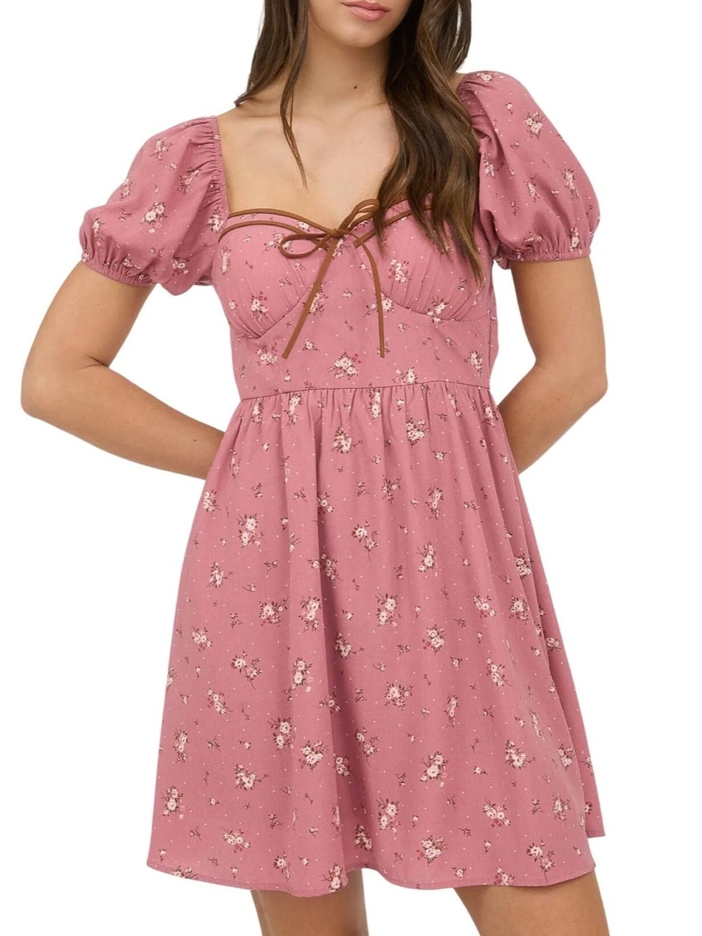 Blu Pepper Mauve Pink Floral Puff-Sleeve Mini Dress